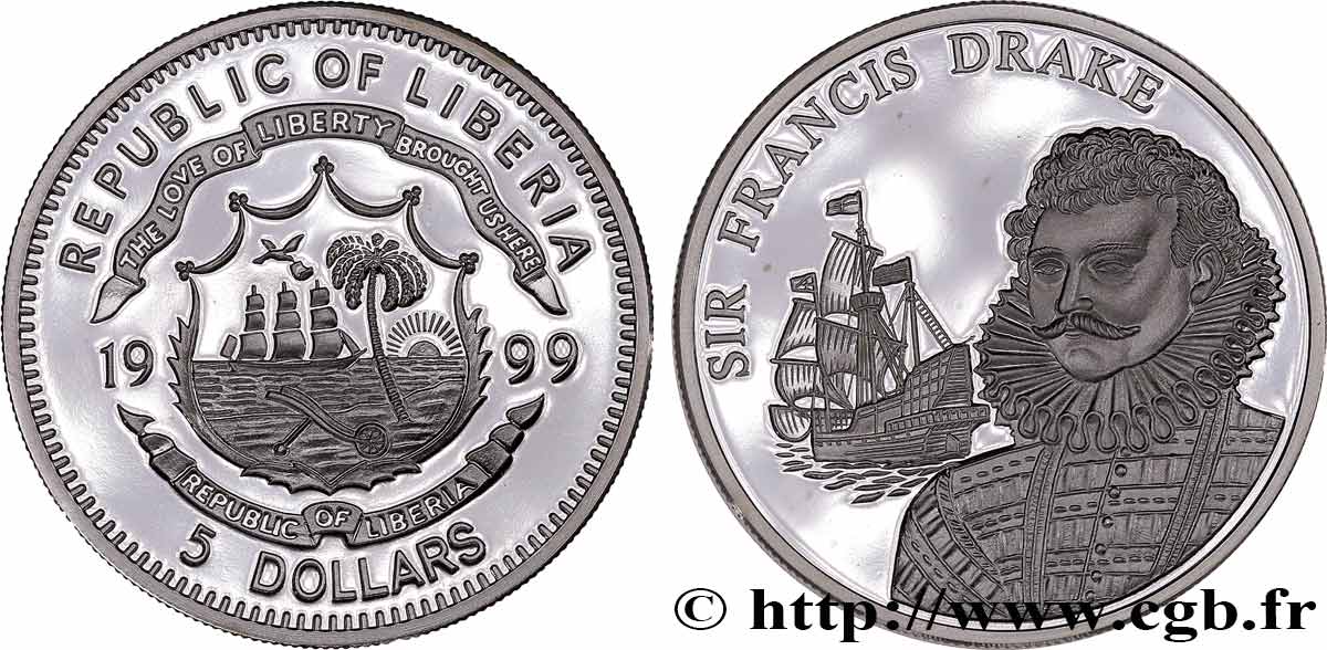 LIBERIA 5 Dollars Proof Sir Francis Drake 1999  FDC 