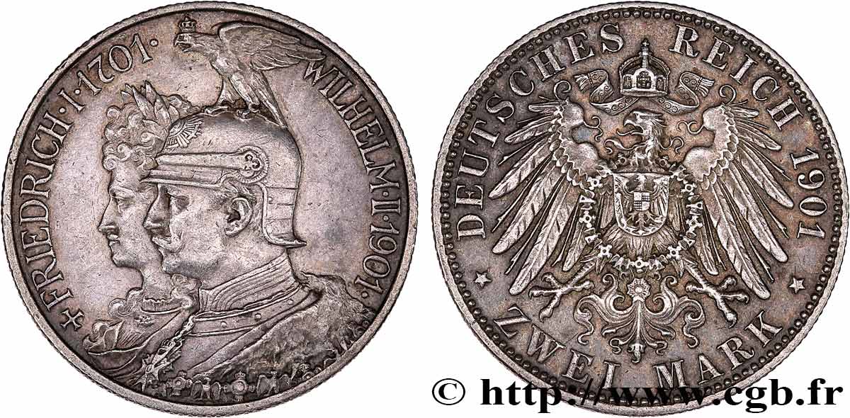 ALLEMAGNE - PRUSSE 2 Mark Guillaume II 200e anniversaire de la Prusse 1901 Berlin SUP