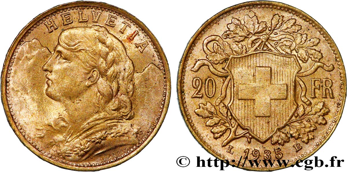 OR, PALLADIUM ET PLATINE INVESTISSEMENT 20 Francs Vreneli 1935 Berne SUP