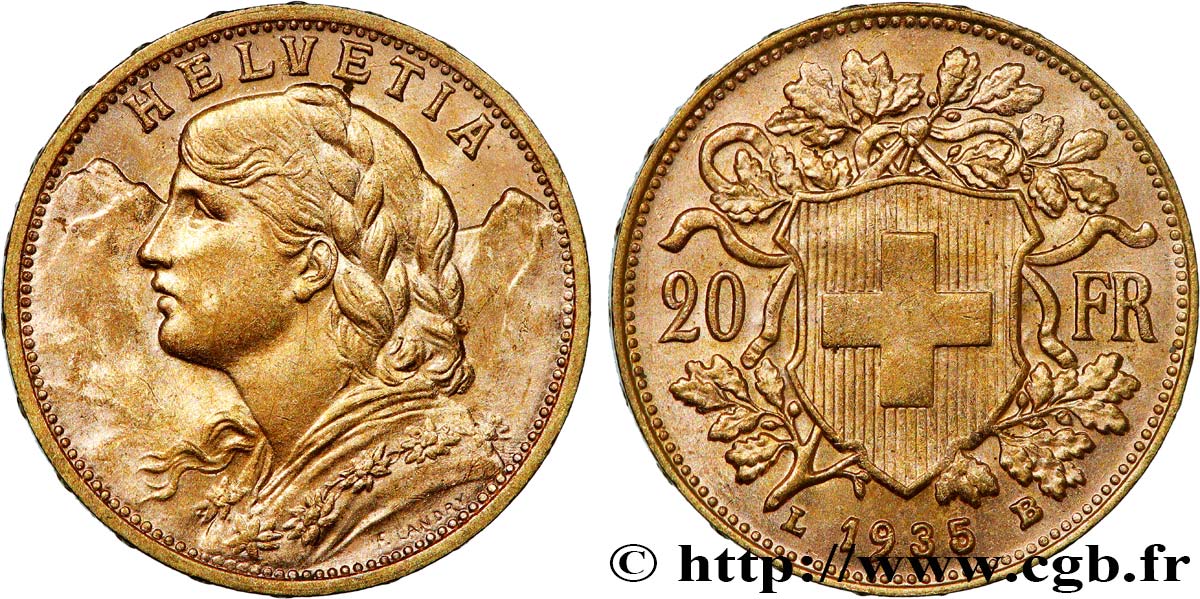 OR, PALLADIUM ET PLATINE INVESTISSEMENT 20 Francs Vreneli 1935 Berne SUP
