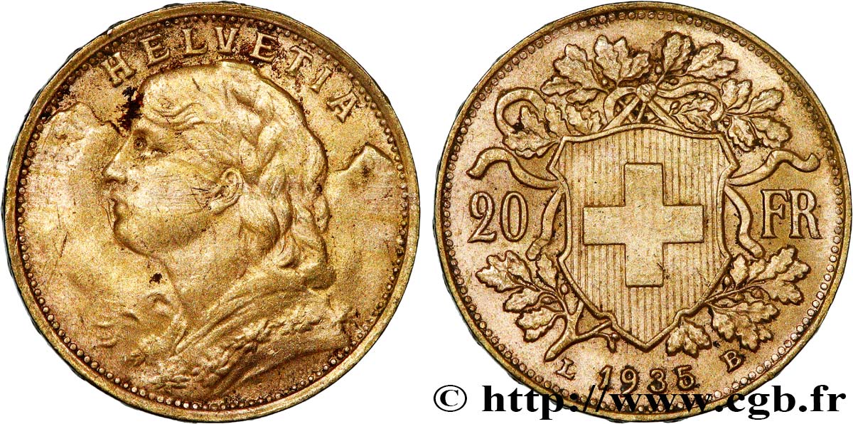 OR, PALLADIUM ET PLATINE INVESTISSEMENT 20 Francs Vreneli 1935 Berne TTB+