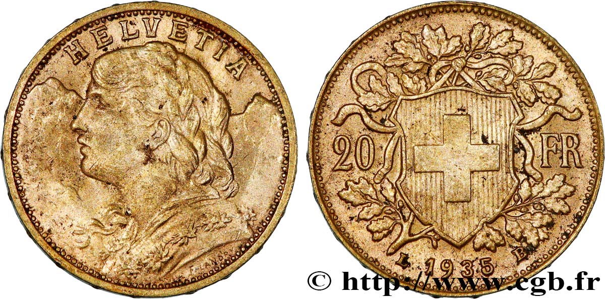 OR, PALLADIUM ET PLATINE INVESTISSEMENT 20 Francs Vreneli 1935 Berne TTB+