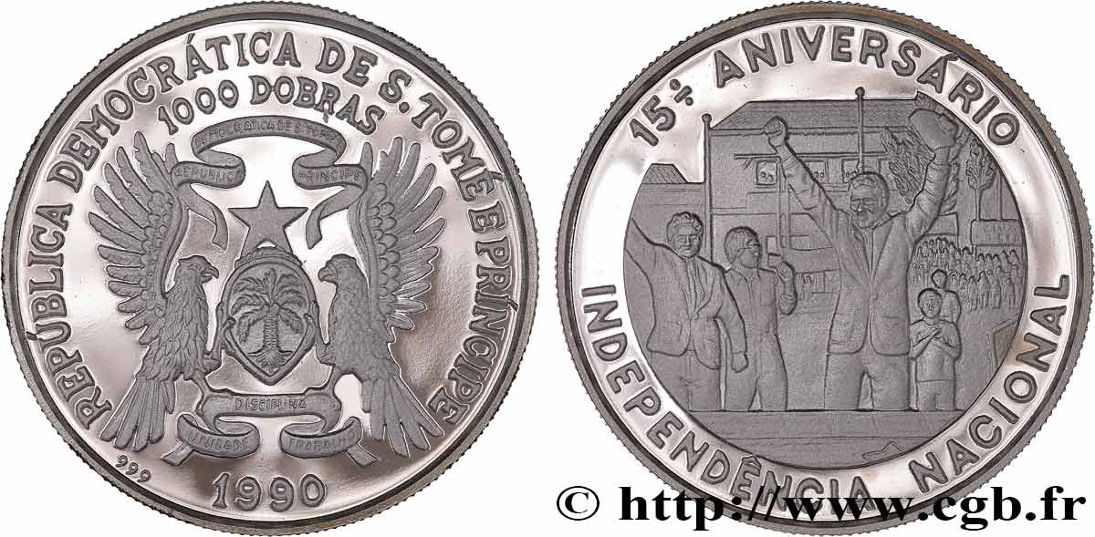 SAO TOMÉ Y PRíNCIPE 1000 Dobras Proof 15e anniversaire de l’indépendance 1990  FDC 
