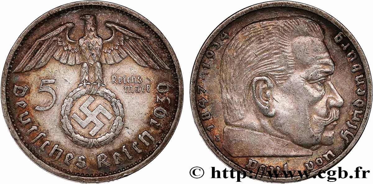 ALLEMAGNE 5 Reichsmark Maréchal Paul von Hindenburg 1939 Muldenhütten - E TTB