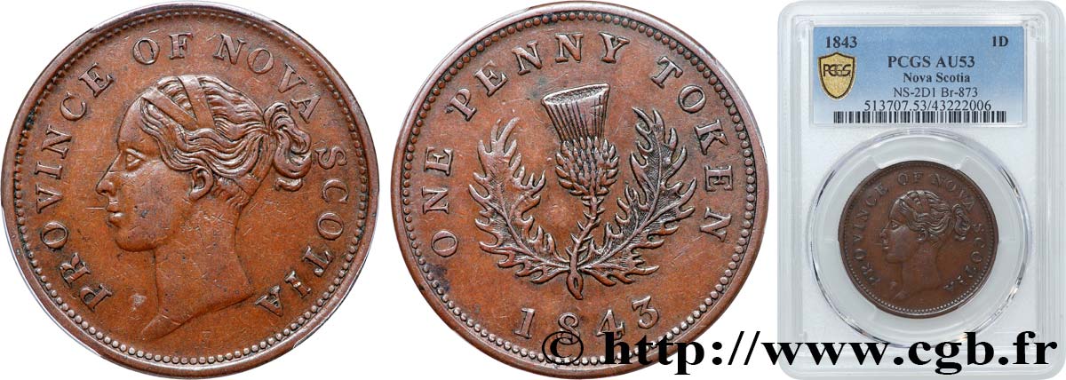 CANADA - NOVA SCOTIA 1 Penny Token Nova Scotia Victoria 1843  AU53 PCGS