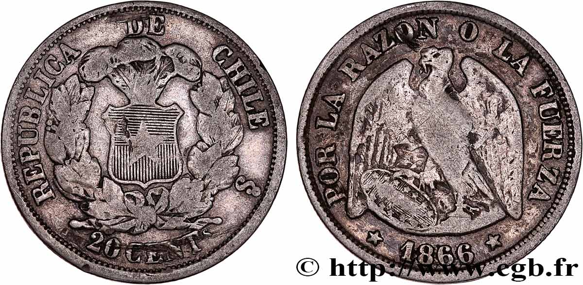 CHILE 20 Centavos Condor 1866 Santiago VF 