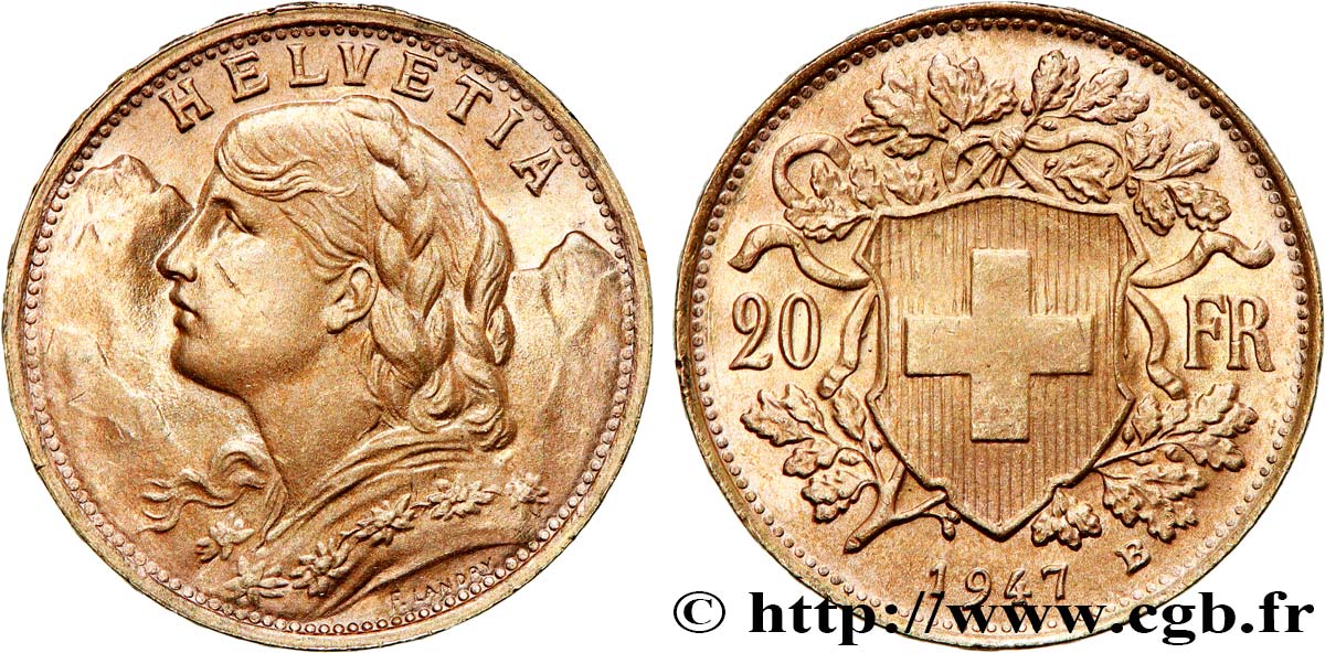 OR, PALLADIUM ET PLATINE INVESTISSEMENT 20 Francs or Vreneli 1947 Berne SUP