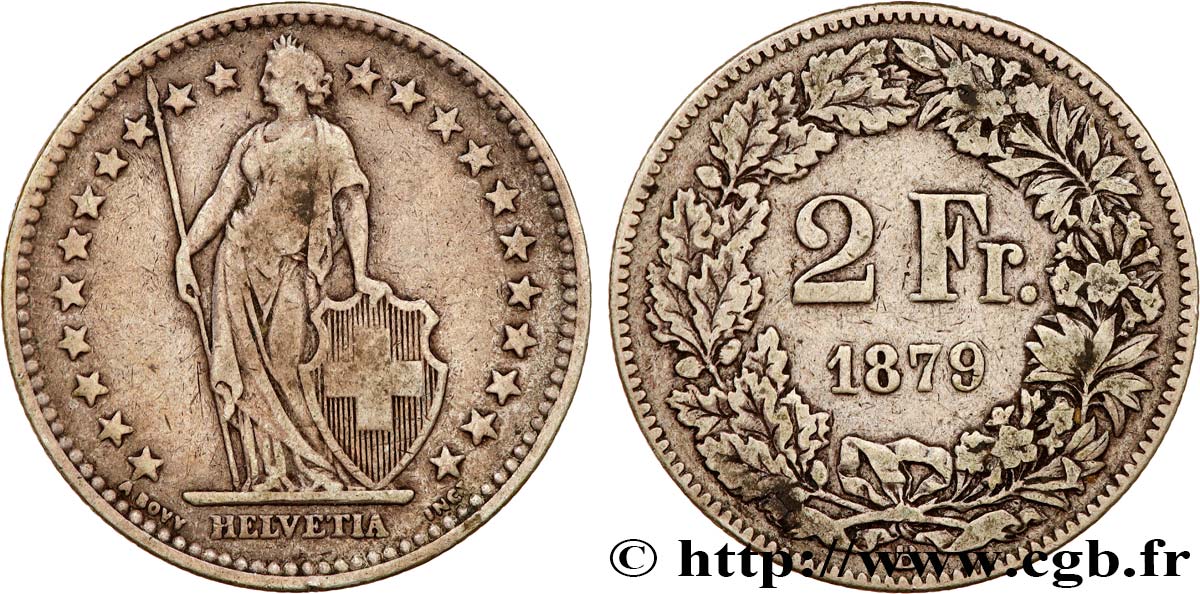 SCHWEIZ 2 Francs Helvetia 1879 Berne fSS