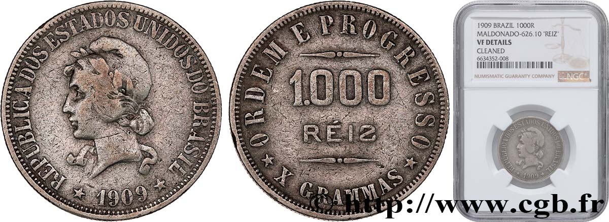 BRÉSIL 1000 Reis, variété REIZ 1909  TB NGC