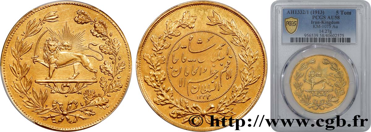 IRAN 5 Toman Ahmad Chah Qadjar AH1332/1 1913 Téhéran AU58 PCGS