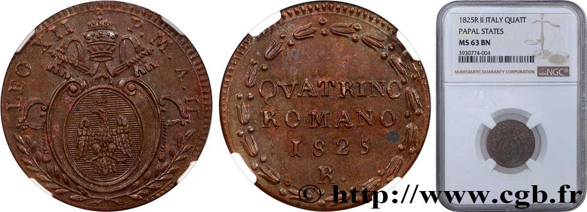 ITALIA - ESTADOS PONTIFICOS - LEÓN XII  (Annibale Sermattei della Genga) 1 Quattrino an II 1825 Rome SC63 NGC