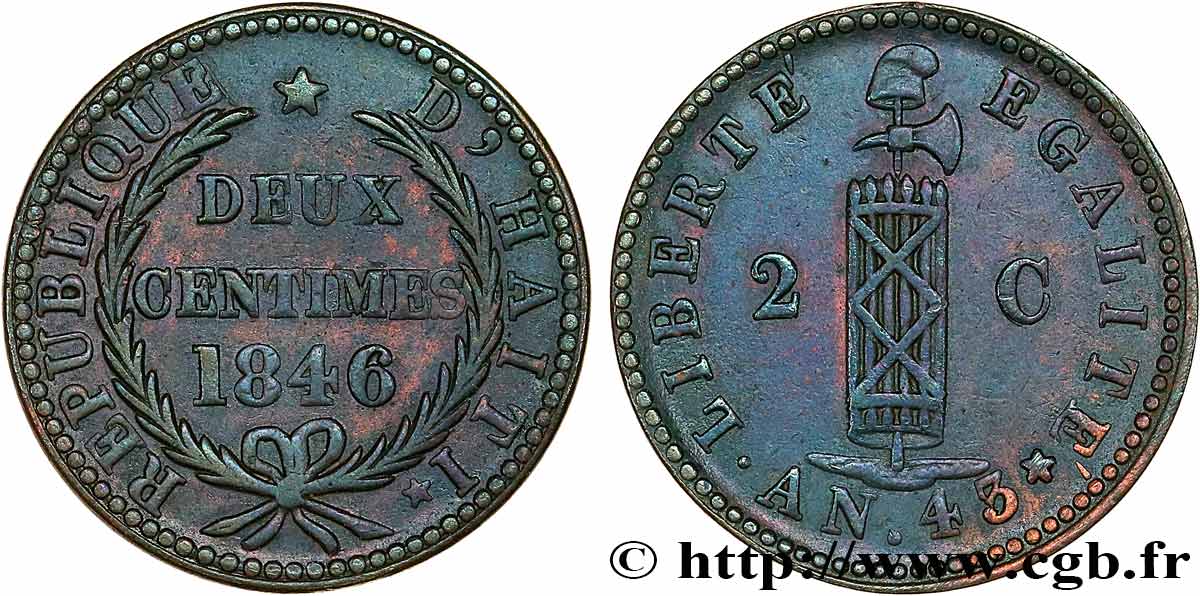 HAITI 2 Centimes faisceau, an 43 1846  SPL 
