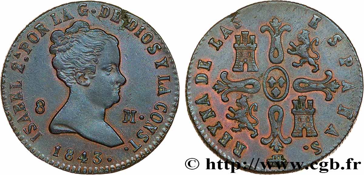 ESPAGNE 8 Maravedis Isabelle II 1843 Ségovie SUP