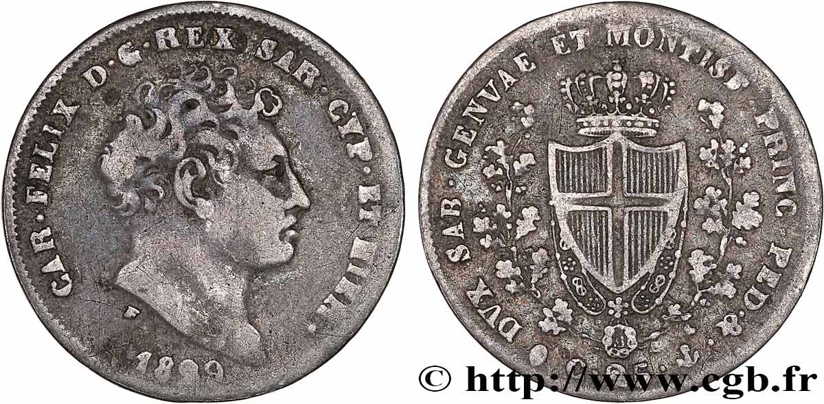 ITALIE - ROYAUME DE SARDAIGNE 25 Centesimi Charles-Félix, roi de Sardaigne 1829 Gênes TB
