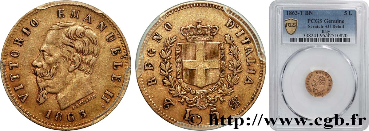ITALY - KINGDOM OF ITALY - VICTOR-EMMANUEL II 5 Lire  1863 Turin AU PCGS