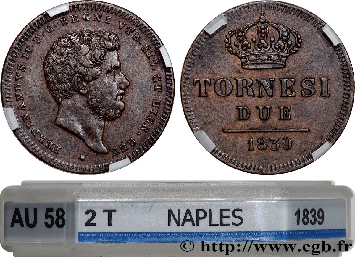 ITALY - KINGDOM OF THE TWO SICILIES - FERDINAND II 2 Tornesi  1839 Naples AU58 GENI