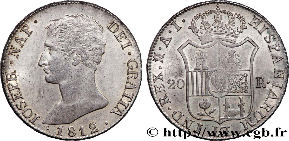 SPAGNA - REGNO DI SPAGNA - GIUSEPPE NAPOLEONE 20 reales ou 5 pesetas 1812 Madrid SPL+ 