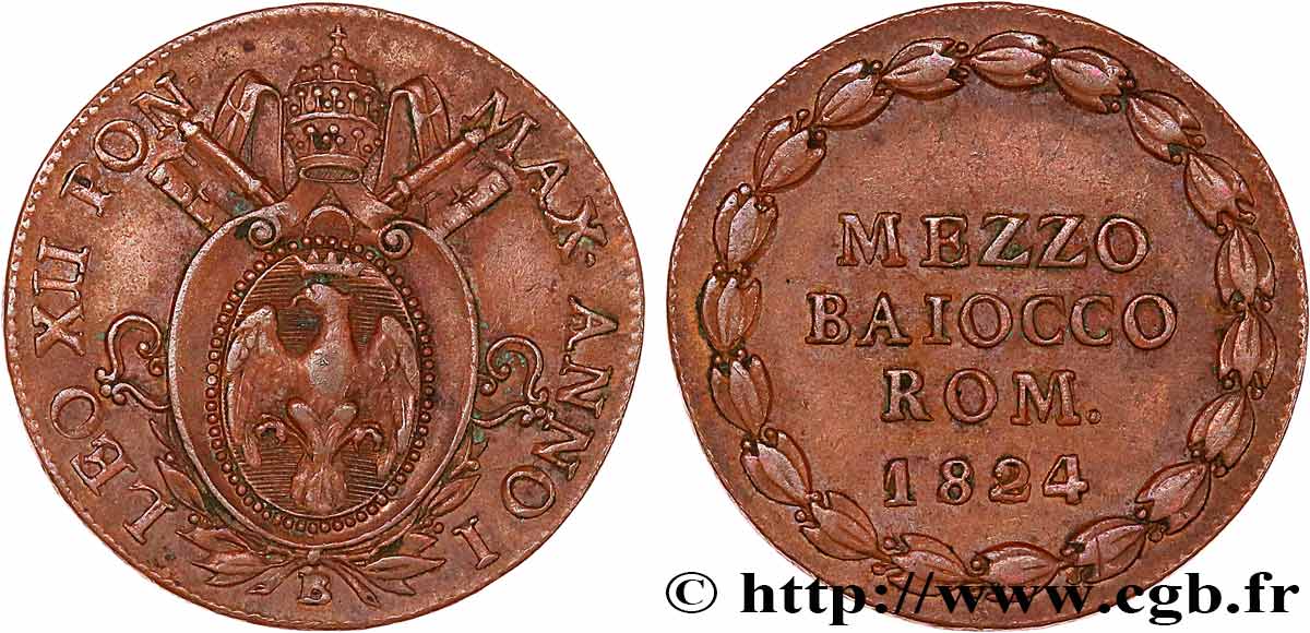 VATICAN AND PAPAL STATES 1/2 Baiocco 1824 Bologne XF 