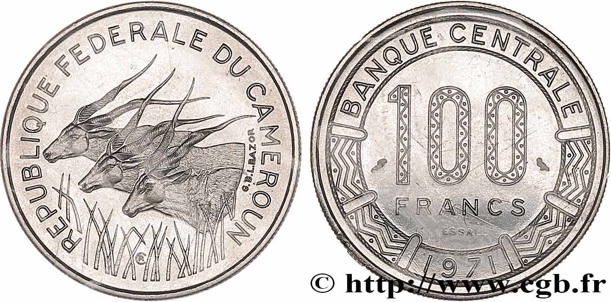 CAMERUN Essai de 100 Francs République Fédérale du Cameroun, antilopes 1971 Paris FDC 