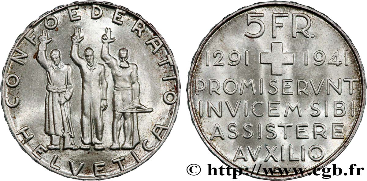 SCHWEIZ 5 Francs 650e anniversaire de la confédération 1941 Berne VZ 