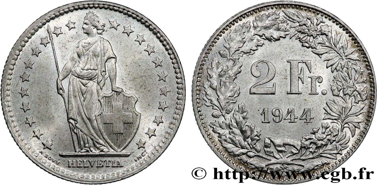 SVIZZERA  2 Francs Helvetia 1944 Berne SPL 