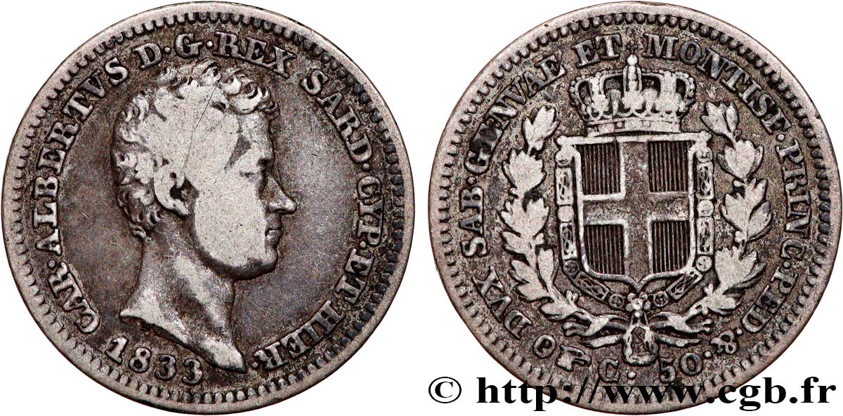 ITALY - KINGDOM OF SARDINIA - CHARLES-ALBERT 50 Centesimi  1833 Turin VF 