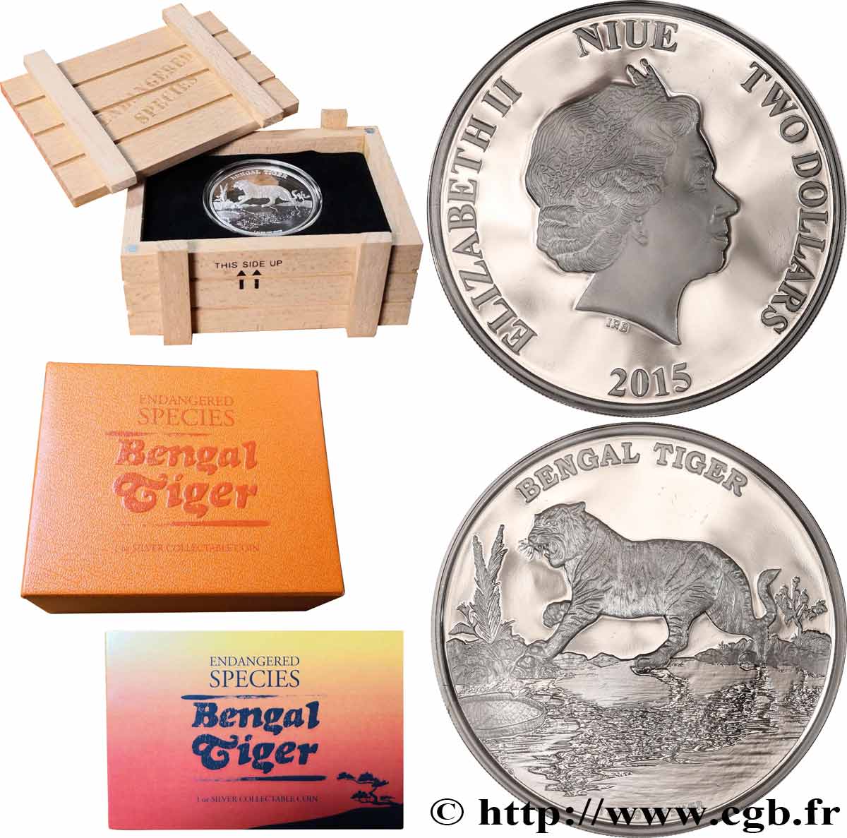 NIUÉ 2 Dollars Proof Tigre du Bengale 2015  FDC 
