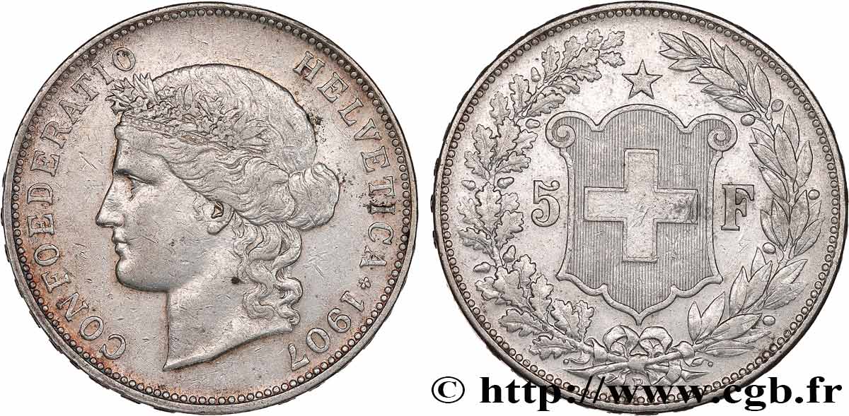 SWITZERLAND 5 Francs Helvetia 1907 Berne VF 