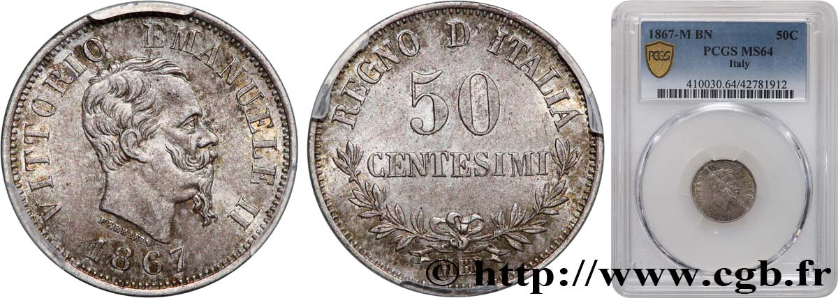 ITALIA 50 Centesimi Victor Emmanuel II 1867 Milan MS64 PCGS