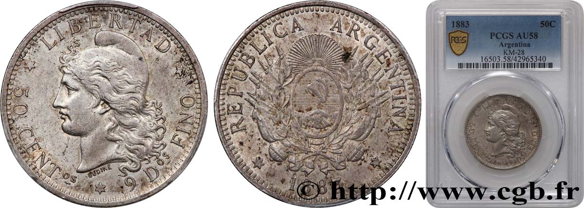 ARGENTINA 50 Centavos 1883  AU58 PCGS