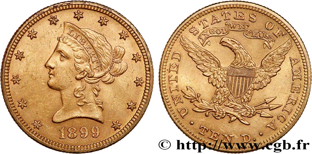 GOLD, PALLADIUM & PLATINUM INVESTMENT 10 Dollars or Liberty 1899 Philadelphie AU