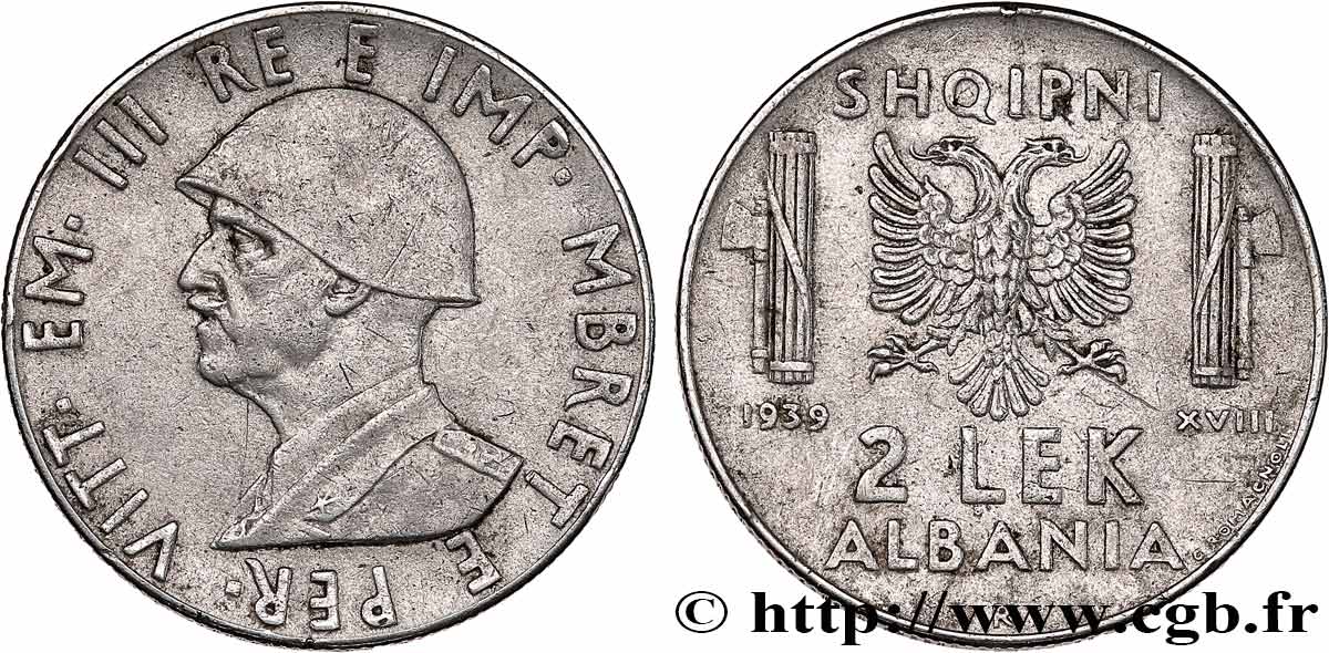 ALBANIE 2 Lek Victor-Emmanuel III d’Italie 1939 Rome TTB
