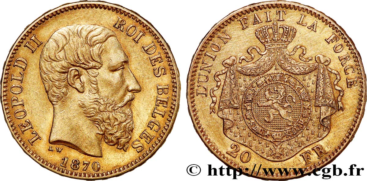 GOLD, PALLADIUM & PLATINUM INVESTMENT 20 Francs Léopold II 1870 Bruxelles AU