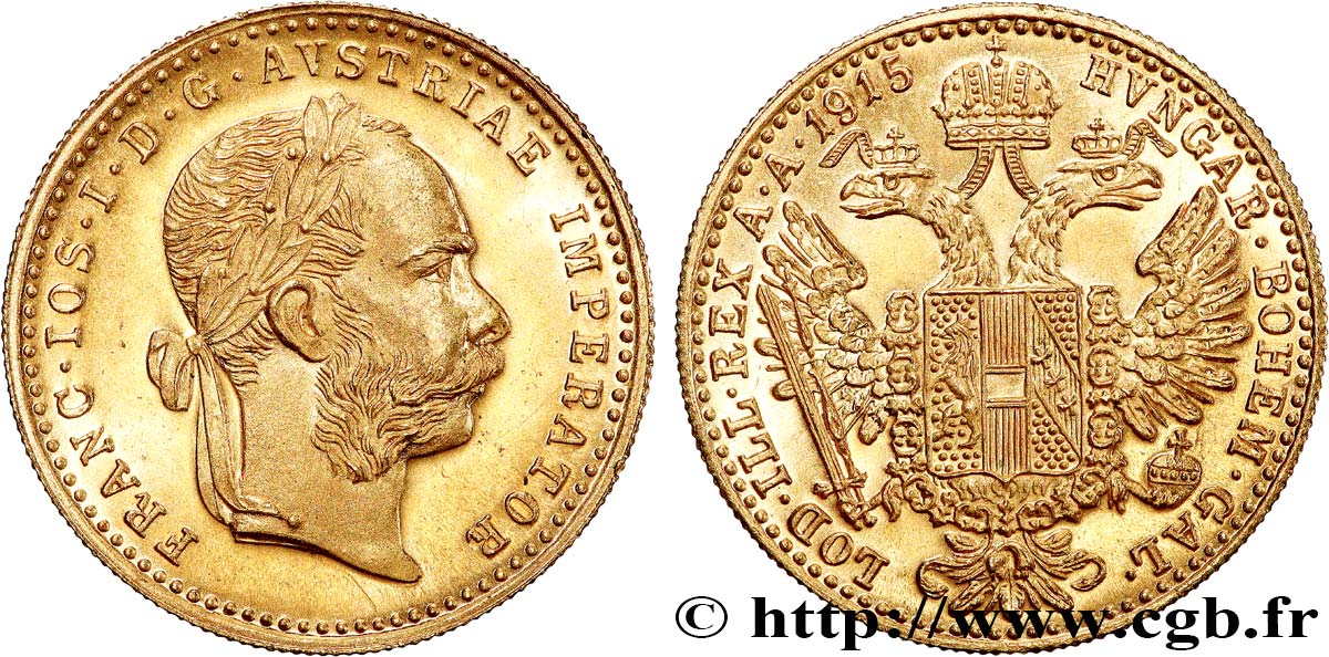 GOLD, PALLADIUM & PLATINUM INVESTMENT 1 Ducat refrappe moderne François-Joseph Ier 1915 MS
