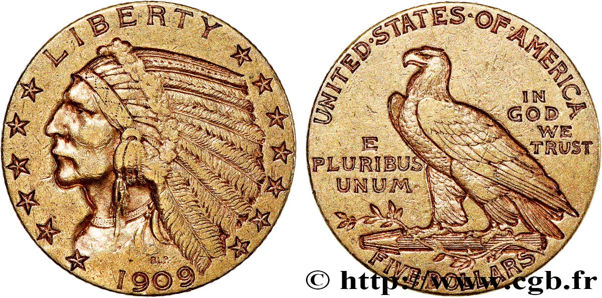 OR, PALLADIUM ET PLATINE INVESTISSEMENT 5 Dollars Indian Head 1909 Philadelphie TTB