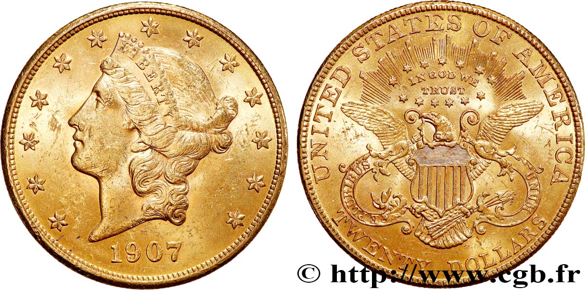 OR, PALLADIUM ET PLATINE INVESTISSEMENT 20 Dollars Liberty 1907 Philadelphie TTB