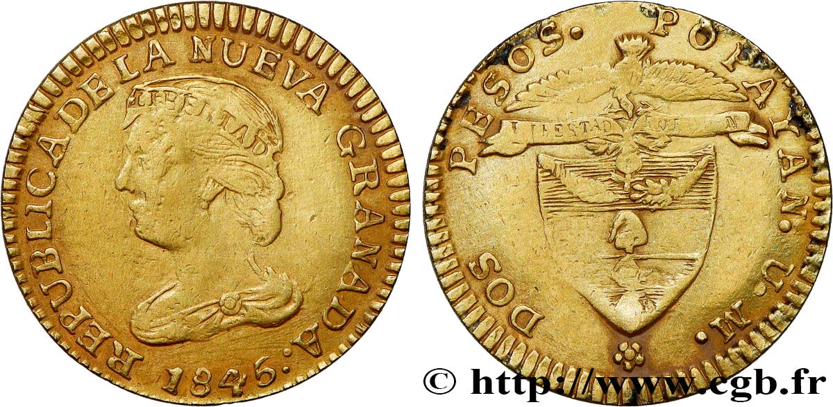 COLOMBIA - REPUBLIC OF NEW GRANADA 2 Pesos en or 1845 Bogota VF 