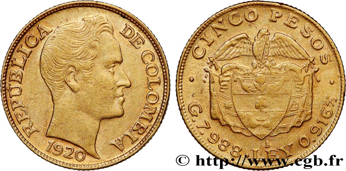 COLOMBIE 5 Pesos or type grosse tête Simon Bolivar 1920 Bogota TTB 