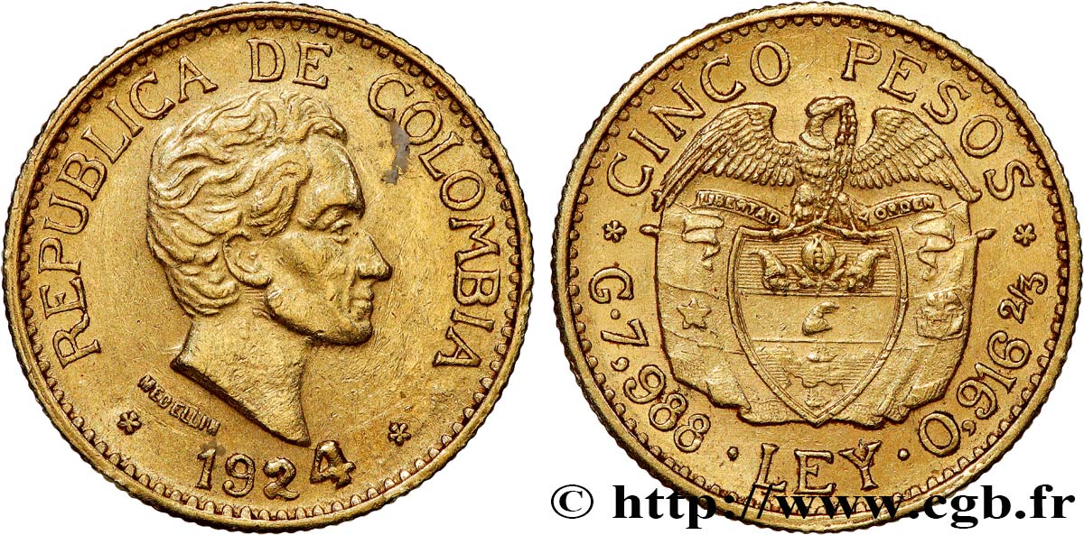 COLOMBIA 5 Pesos Simon Bolivar 1924 Medellin AU 