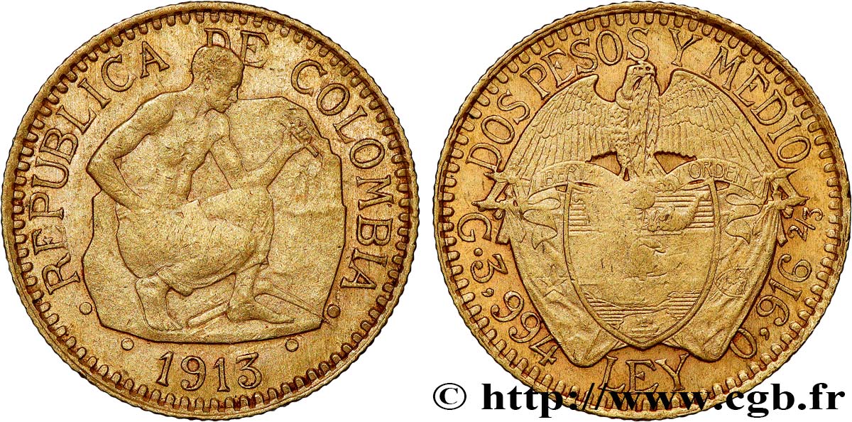 COLOMBIE 2 1/2 Pesos 1913 Bogota TB+ 