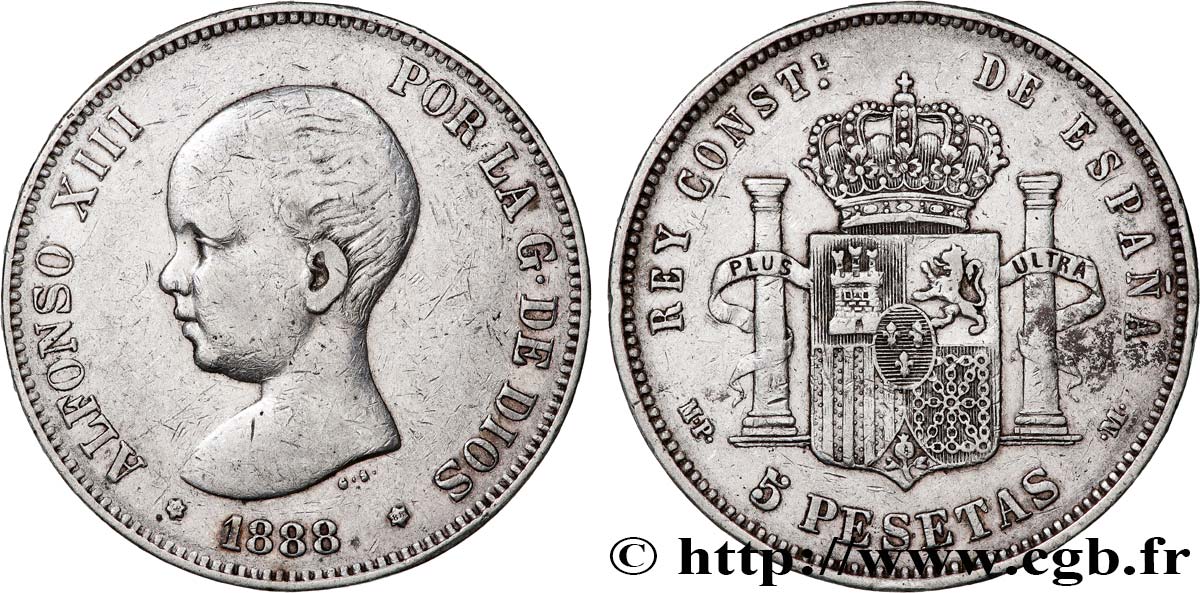 ESPAGNE 5 Pesetas 1888 Madrid TB+