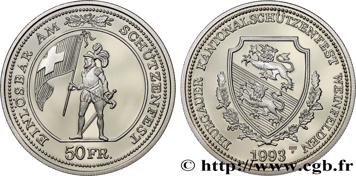 SUISSE Médaille de 50 francs, tir cantonal Weinfelden 1993  FDC 