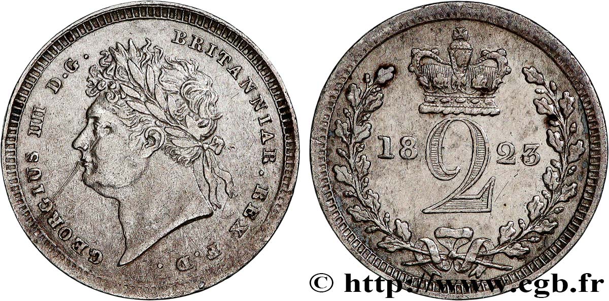 UNITED KINGDOM 2 Pence Georges IV buste lauré 1823  AU 