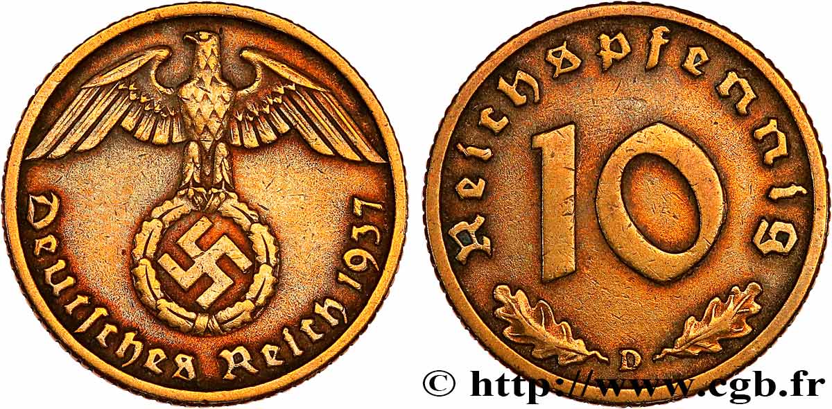 GERMANY 10 Reichspfennig aigle surmontant une swastika 1937 Munich - D XF