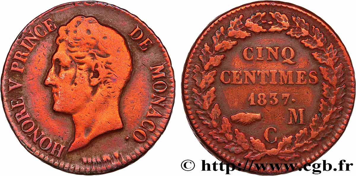 MONACO 5 Centimes Honoré V petite tête en cuivre rouge 1837 Monaco VF