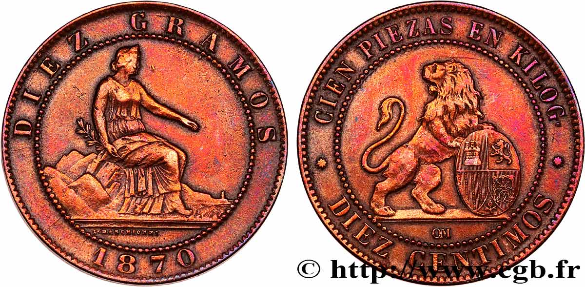 SPAIN 10 Centimos monnayage provisoire “ESPAÑA” assise / lion au bouclier 1870 Oeschger Mesdach & CO XF