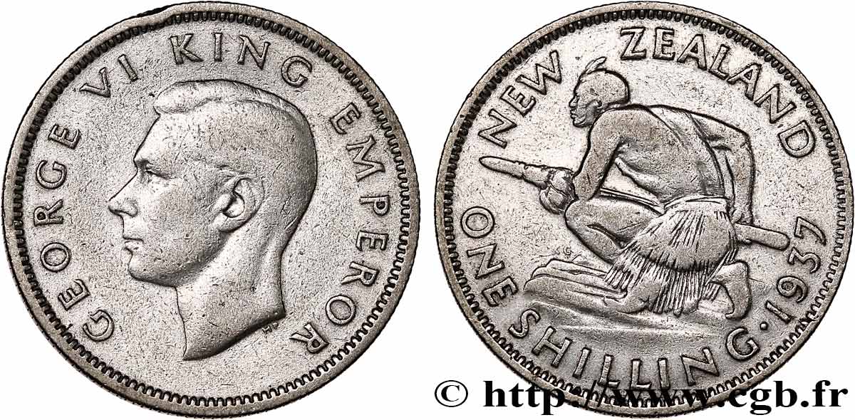 NOUVELLE-ZÉLANDE 1 Shilling Georges VI / guerrier maori 1937 TB+