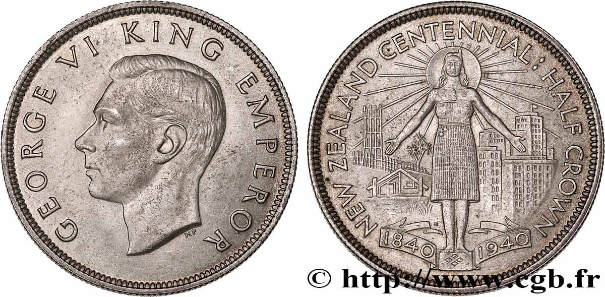 NOUVELLE-ZÉLANDE 1/2 Crown Georges VI Centenaire de la Nouvelle-Zélande 1940 TTB+
