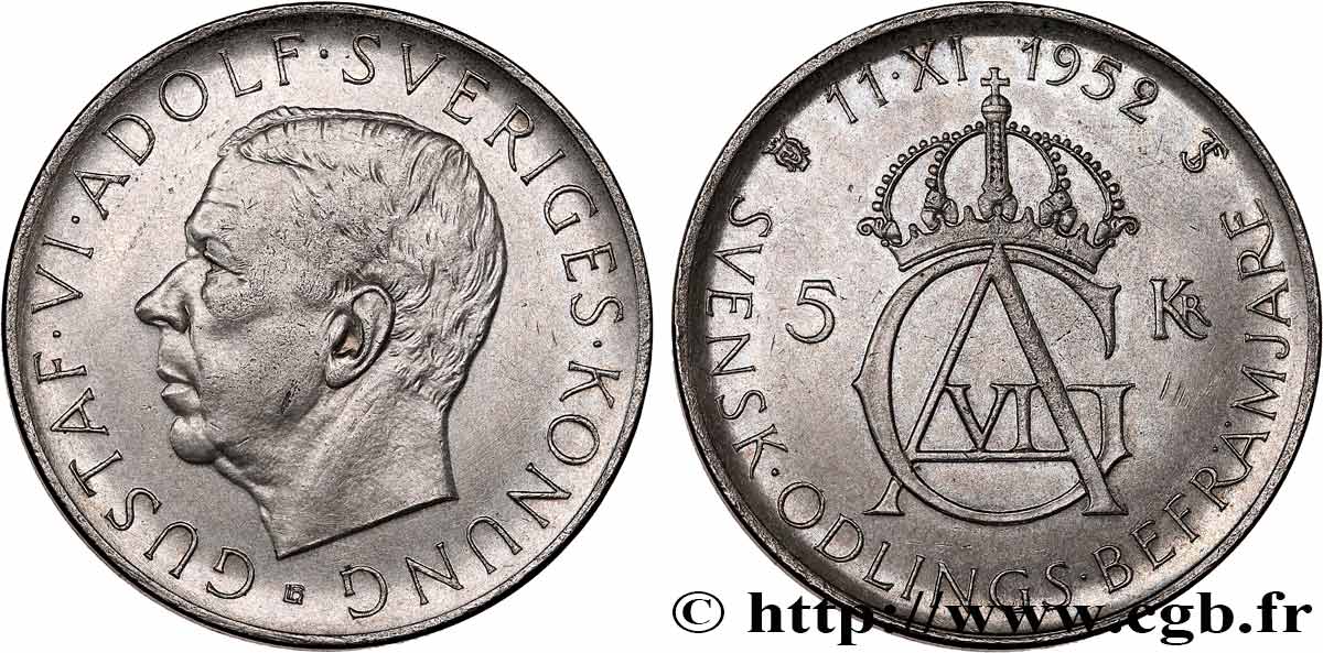SWEDEN 5 Kronor Gustave VI 1952 AU