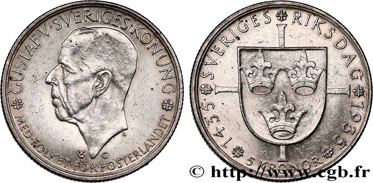 SUÈDE 5 Kronor Gustave V - 500e anniversaire du Riksdag 1935 TTB+